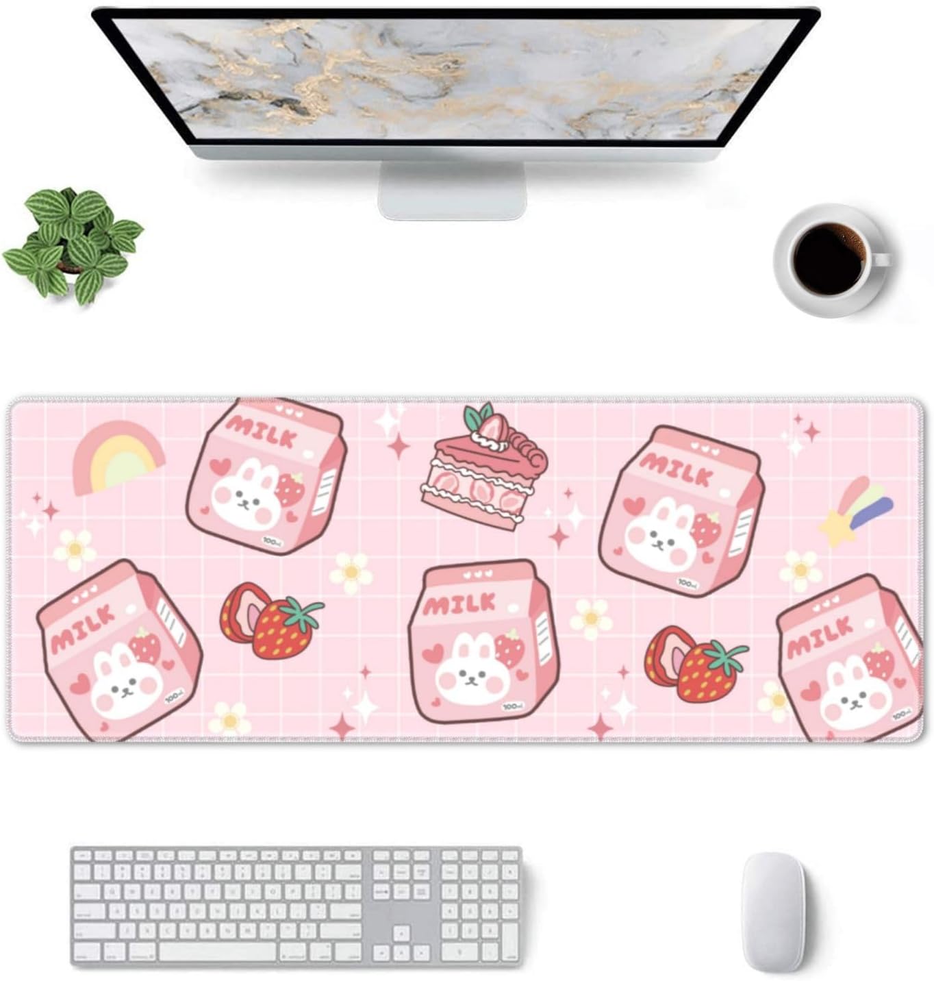 Alfombrilla de mouse Kawaii rosa con diseño de conejito de fresa de 11.8 x 31.5 pulgadas, accesorios de escritorio, base de goma antideslizante