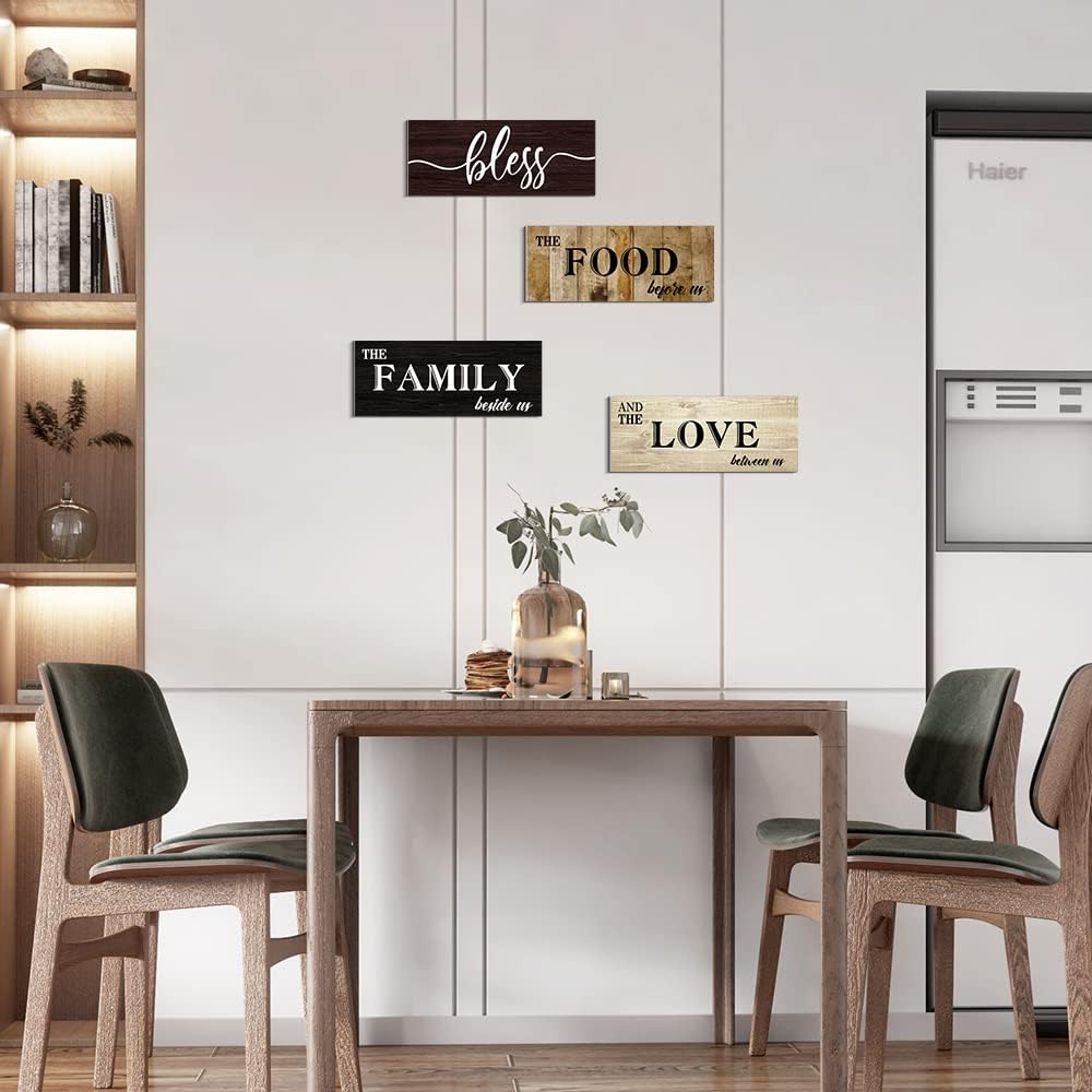Creoate Letreros de cocina para decoración de pared, 4 piezas de madera con texto en inglés “Bless Food” para decoración de pared de cocina,