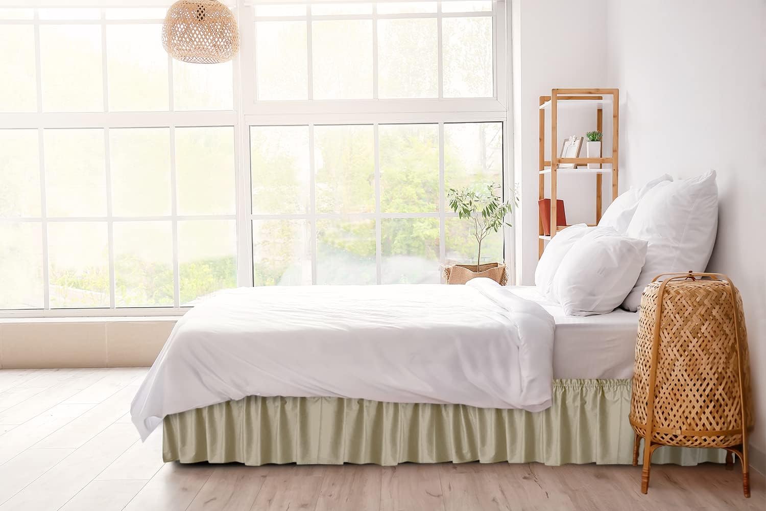 CGK Linens – Falda de cama envolvente con volantes, color beige, para camas de tamaño Queen con caída de 18 pulgadas, correa elástica de fácil