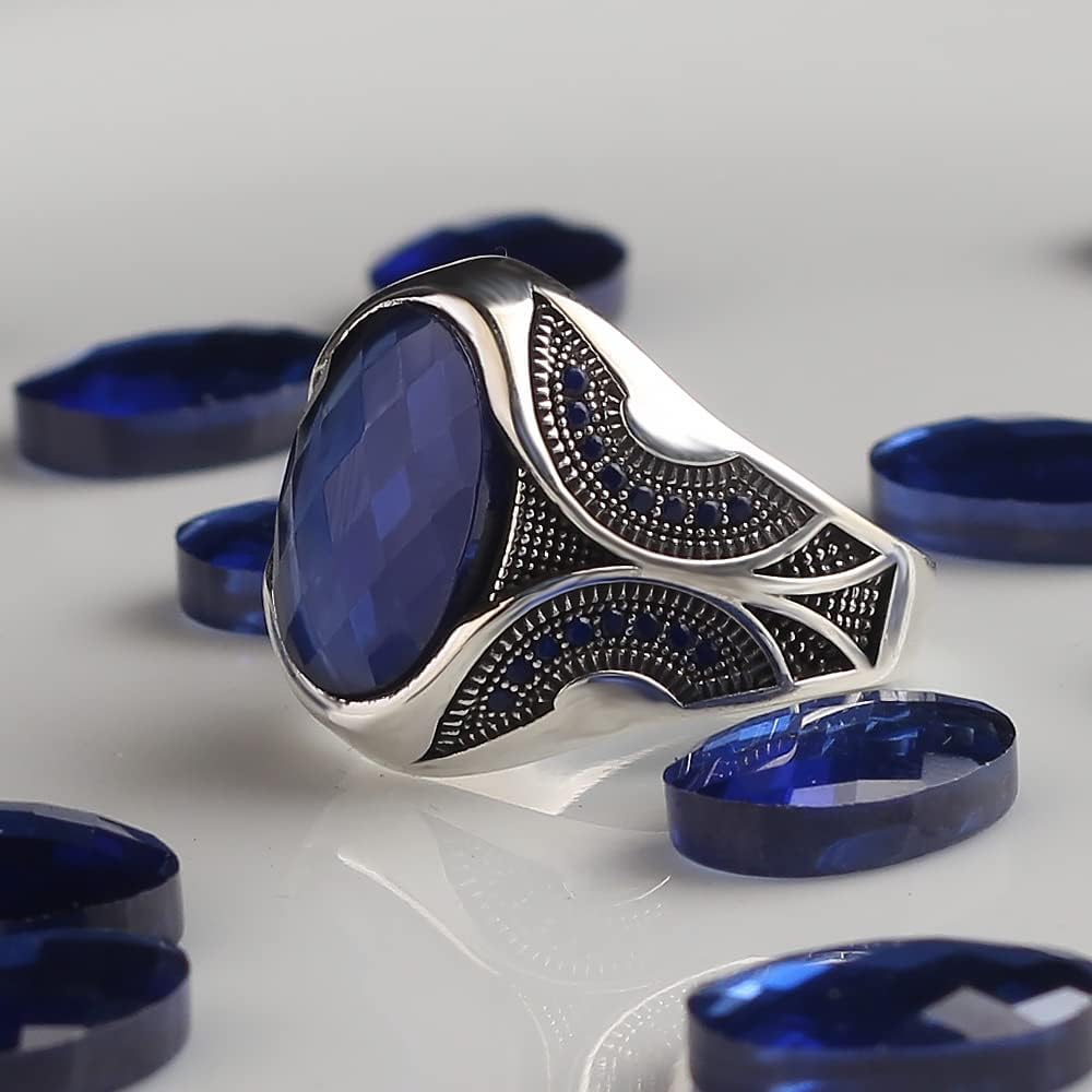 925 Sterling Silver Men Silver Ring with Sapphire GemStone, Handmade Engraved Silver Ring, Gift for him, Minimalist Silver Ring (10)