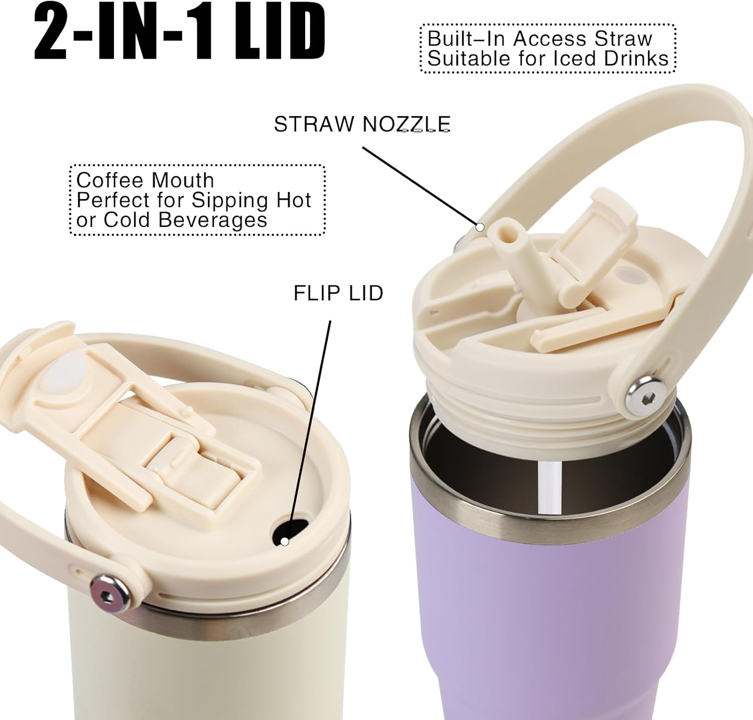 Vaso de café de 20 onzas con asa, vaso de café aislado con tapa 2 en 1 a prueba de fugas y popote, taza de café aislada al vacío de doble pared,