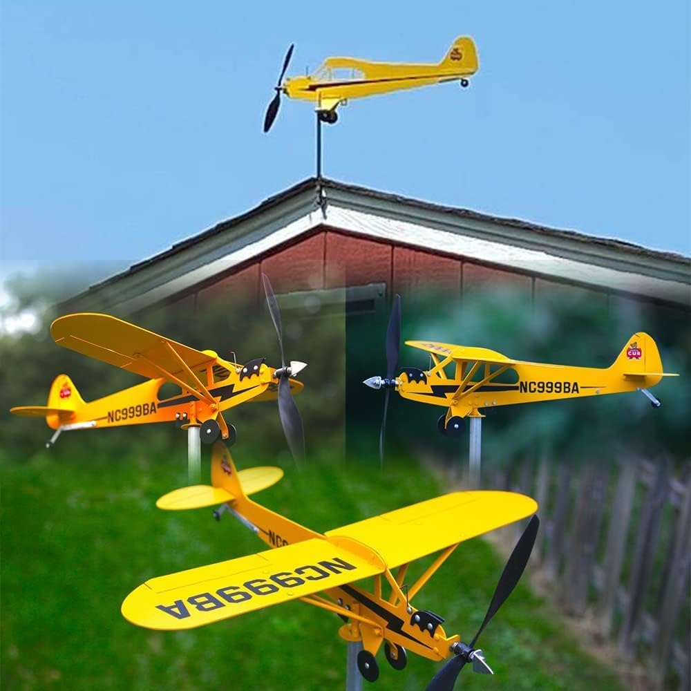 Piper J3 Cub Airplane – Veleta de viento 3D única, molino de viento de metal para decoración de jardín, patio, regalos para amantes del vuelo (7.9 x