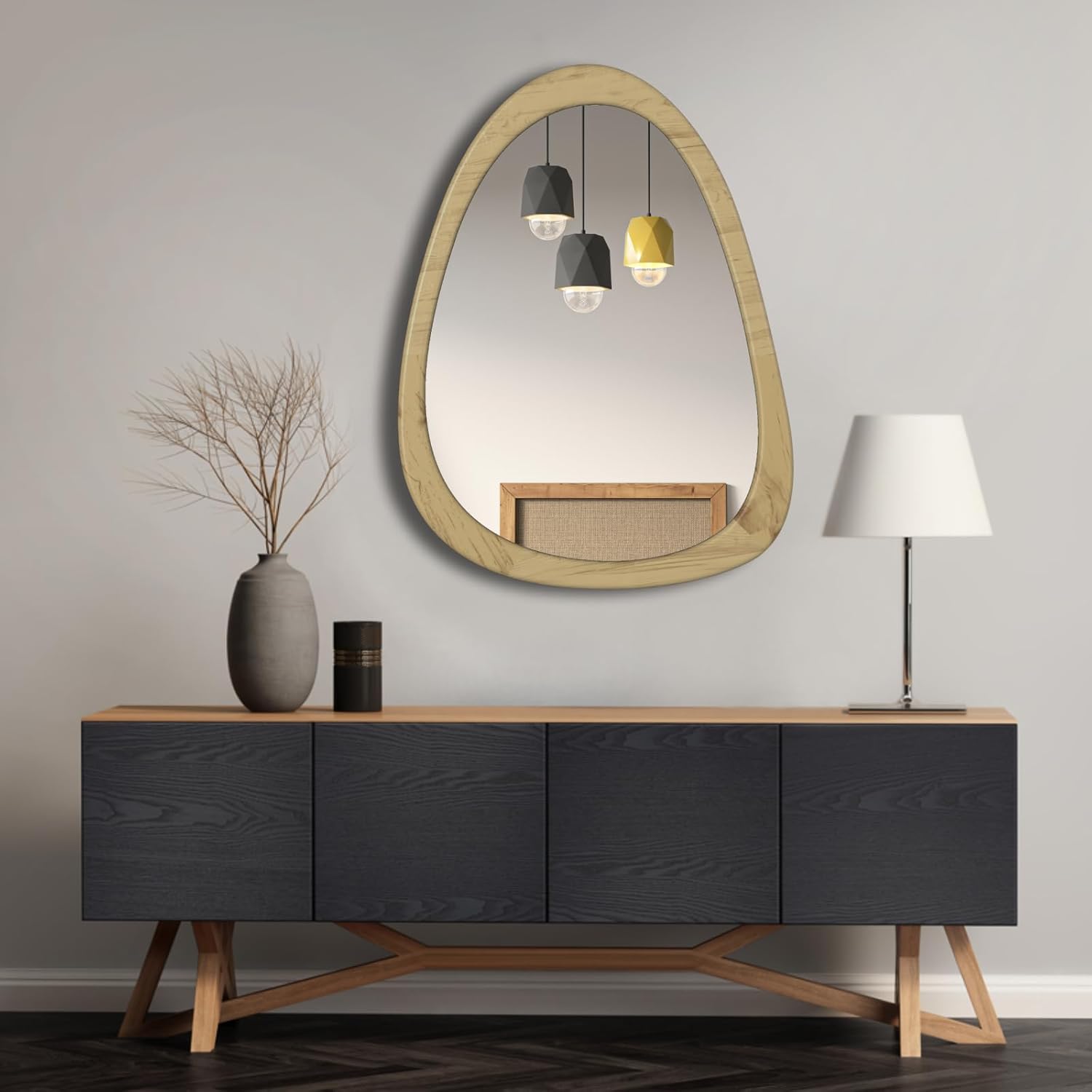 COOL2DAY Espejo irregular, espejo asimétrico de madera con marco de pared, espejo decorativo asimétrico abstracto, espejo de forma extraña para sala