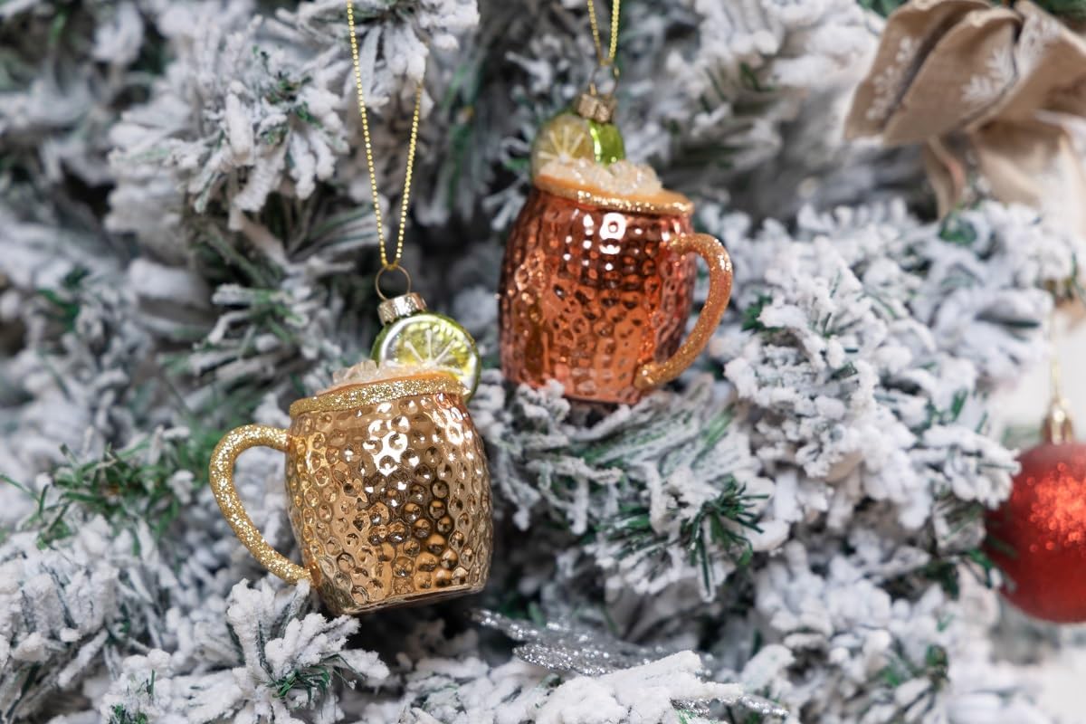 Juego de 2 adornos de Navidad soplados de vidrio soplado Moscow Mule, adornos de cóctel de vidrio soplado para decoración de árbol de Navidad