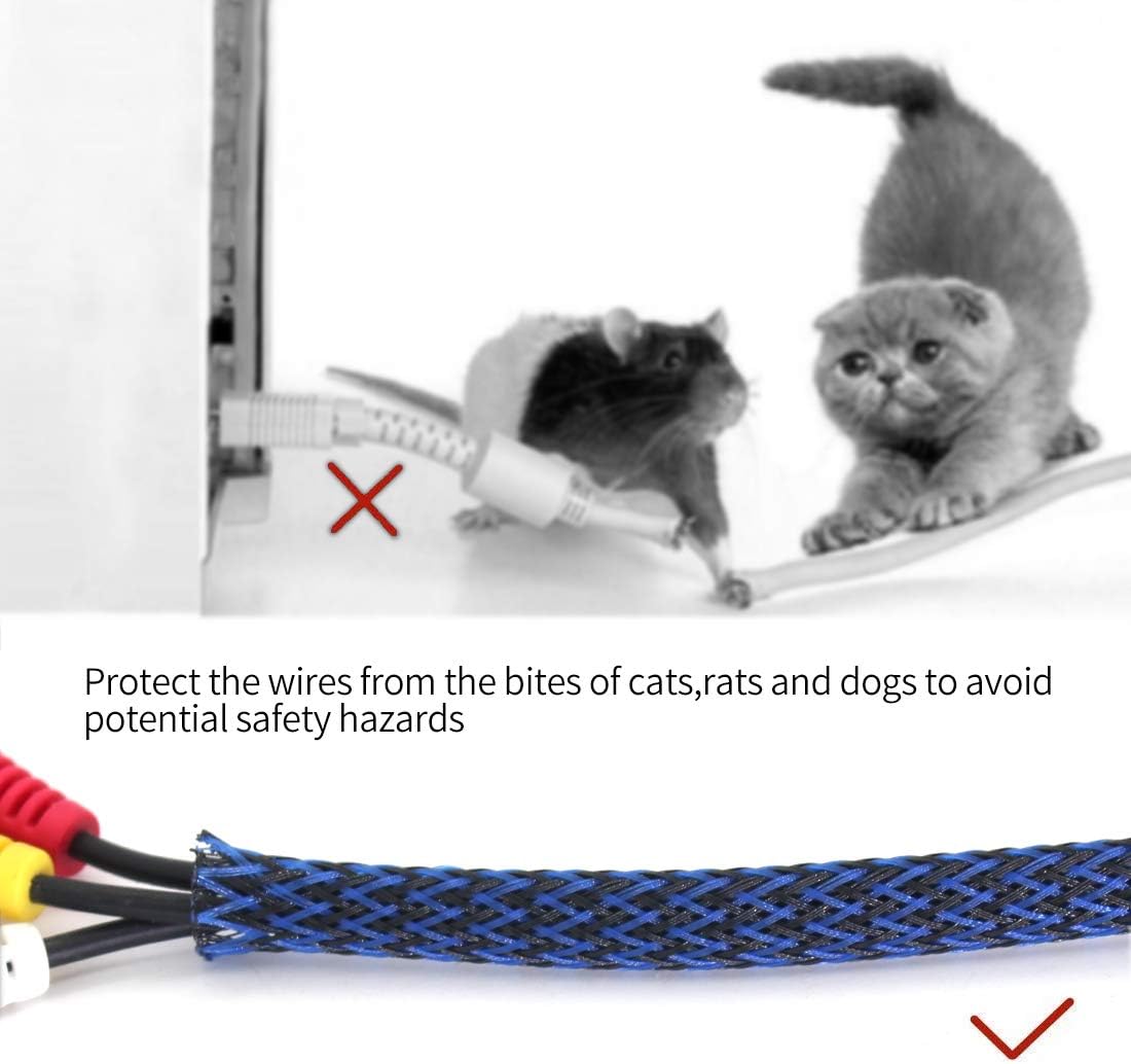 Protector de cable expandible de PET negro y azul para cable de carga USB, cable de alimentación, cable de audio y video, puede proteger al perro