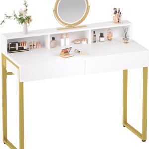 GreenForest Escritorio de tocador con 2 cajones, pequeño escritorio blanco de 39.4 pulgadas con 3 espacios de almacenamiento, moderno escritorio de GreenForest Escritorio de tocador con 2 cajones, pequeño escritorio blanco de 39.4 pulgadas con 3 espacios de almacenamiento, moderno escritorio de