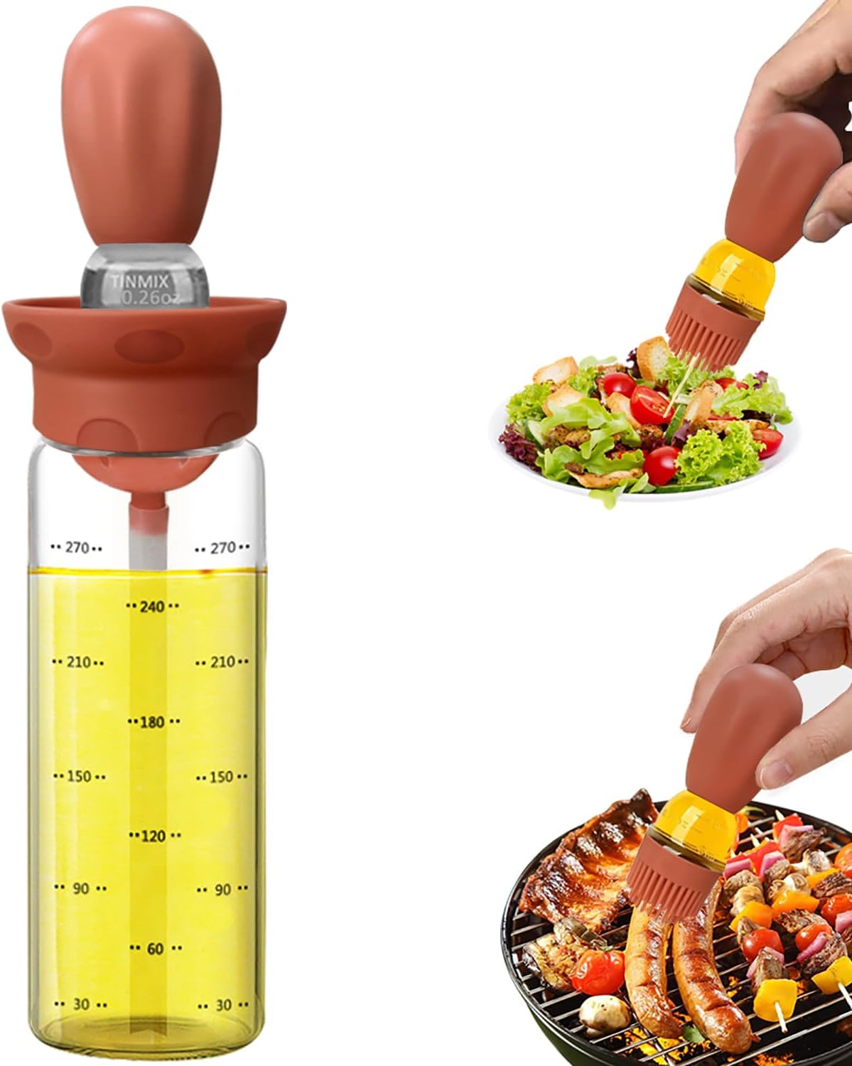 TINMIX Dispensador de aceite de oliva  Botella dispensadora de aceite de vidrio de 10.1 fl oz con cepillo de untado para cocinar salsa de vinagre de