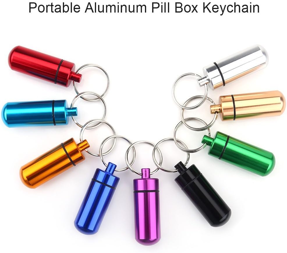 Pastillero, mini pastillero de aluminio impermeable, organizador de botellas con llavero para medicamentos al aire libre (9 unidades)