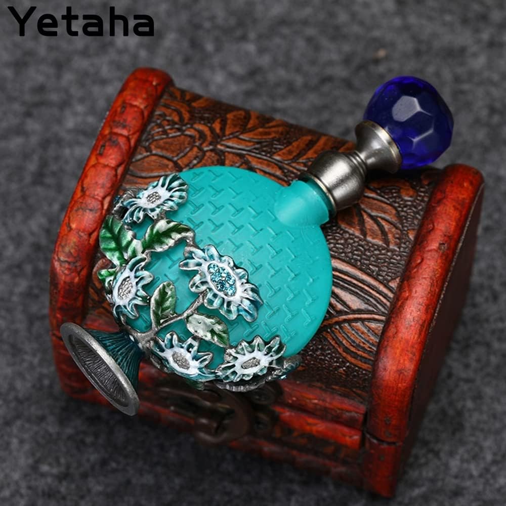 Yetaha Botellas de perfume vacías recargables vintage, botella de perfume de cristal de lujo, botella de aceite esencial con flores decorativas para