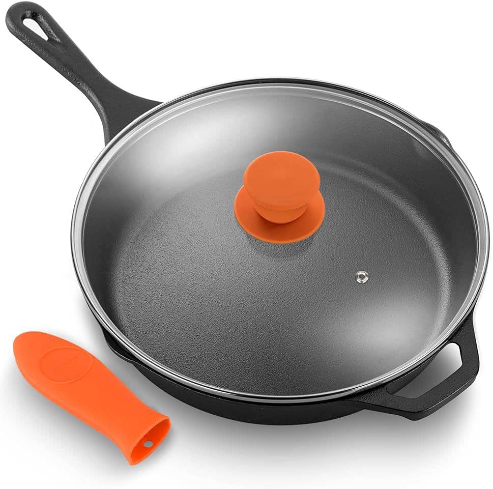 NutriChef NCCI10 – Juego de utensilios de cocina de hierro fundido antiadherente de 10 pulgadas con tapa de vidrio templado y mango de silicona para