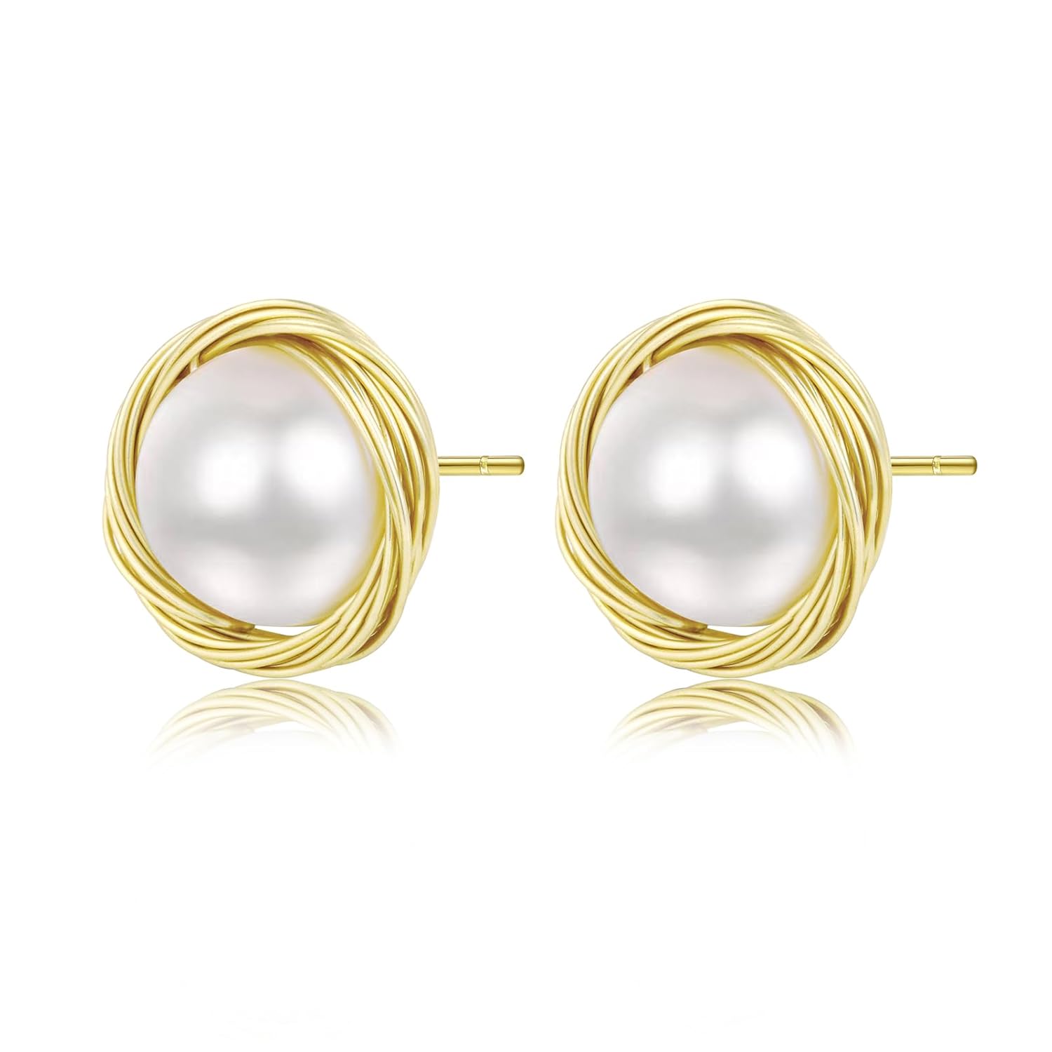Natural Baroque Freshwater Pearl Earrings for Women, White Round Pearls, Wire Wrap Gold Stud Earrings Jewelry, Handmade Jewelry Gift for Mom Lover
