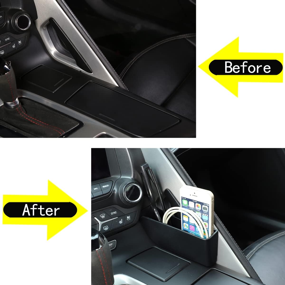 Caja de almacenamiento lateral con panel de palanca de cambios de control, compatible con Corvette C7 Stingray 2014-2019 ABS negro, 1 unidad,