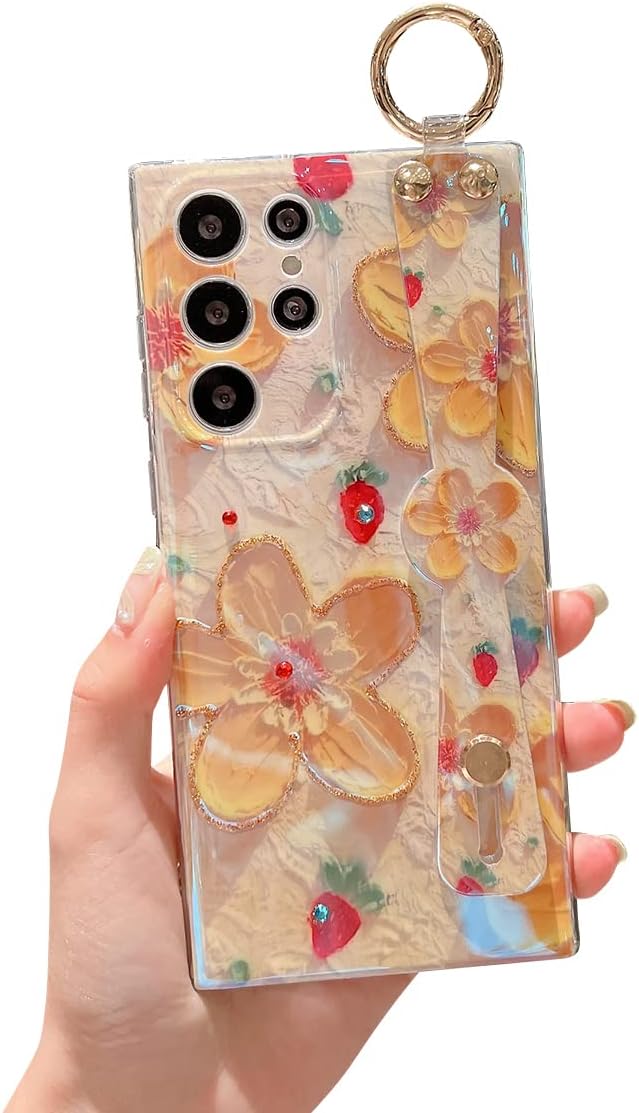 Funda para Samsung Galaxy S22 Ultra de 6.8 pulgadas, brillante con soporte de correa, diseño de patrón de flores de pintura al óleo de silicona a
