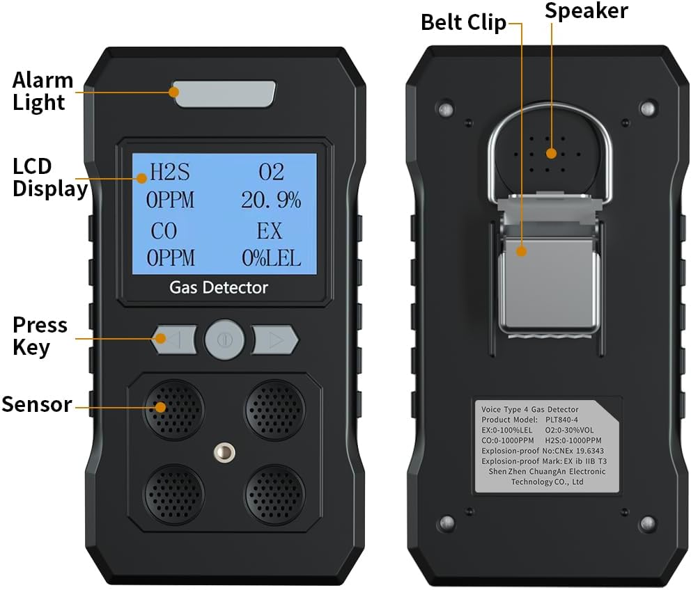 Gas Detector, Portable 4 Gas Monitor with Audible & Visual AlarmH2S,O2,CO and EX Rechargeable Gas Sniffer Alarm with LCD Display (Black)