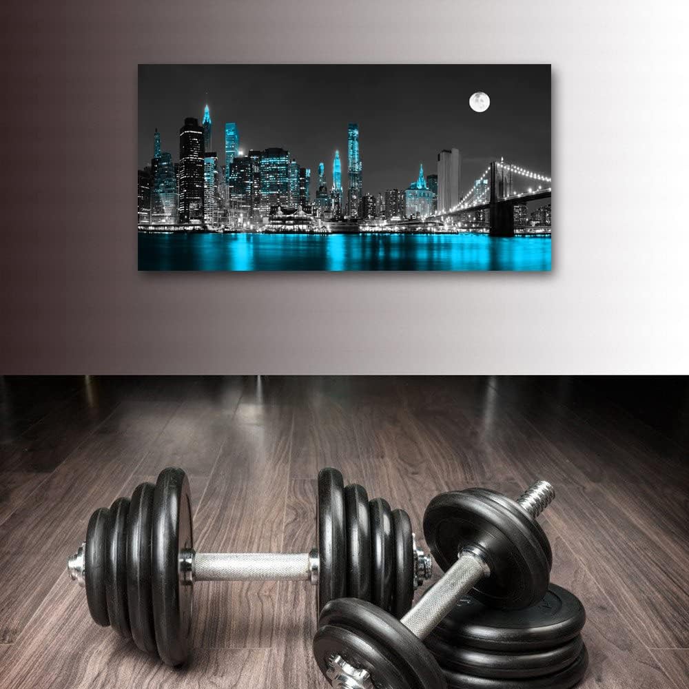 Jiuqinghua Lienzo decorativo para pared, 1 panel, negro, blanco y azul, puente de Brooklyn, paisaje urbano, paisaje nocturno, pintura para cocina,