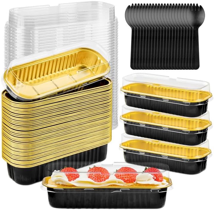 Mini moldes para pan de 6.8 onzas con tapas y tenedores, paquete de 50 recipientes rectangulares de papel de aluminio para hornear pasteles, moldes
