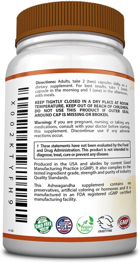 Ashwagandha MD con jengibre y bioperina. Reduce el estrés, mejora el estado de ánimo, mejora el sueño. Orgánico y vegano 60 cápsulas – 1 botella –
