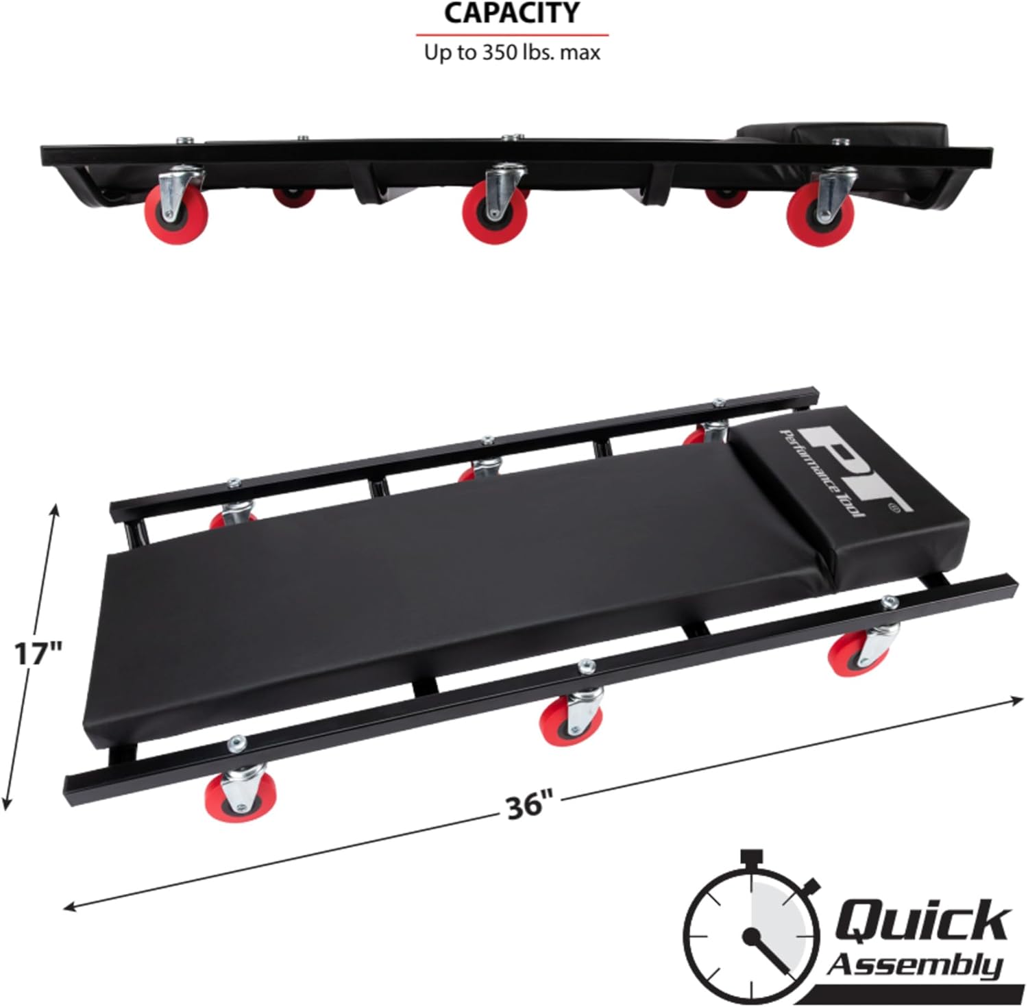 Performance Tool W85015 – Enredadera automotriz de perfil bajo con 6 ruedas giratorias de 36 x 17 pulgadas con reposacabezas acolchado, color negro