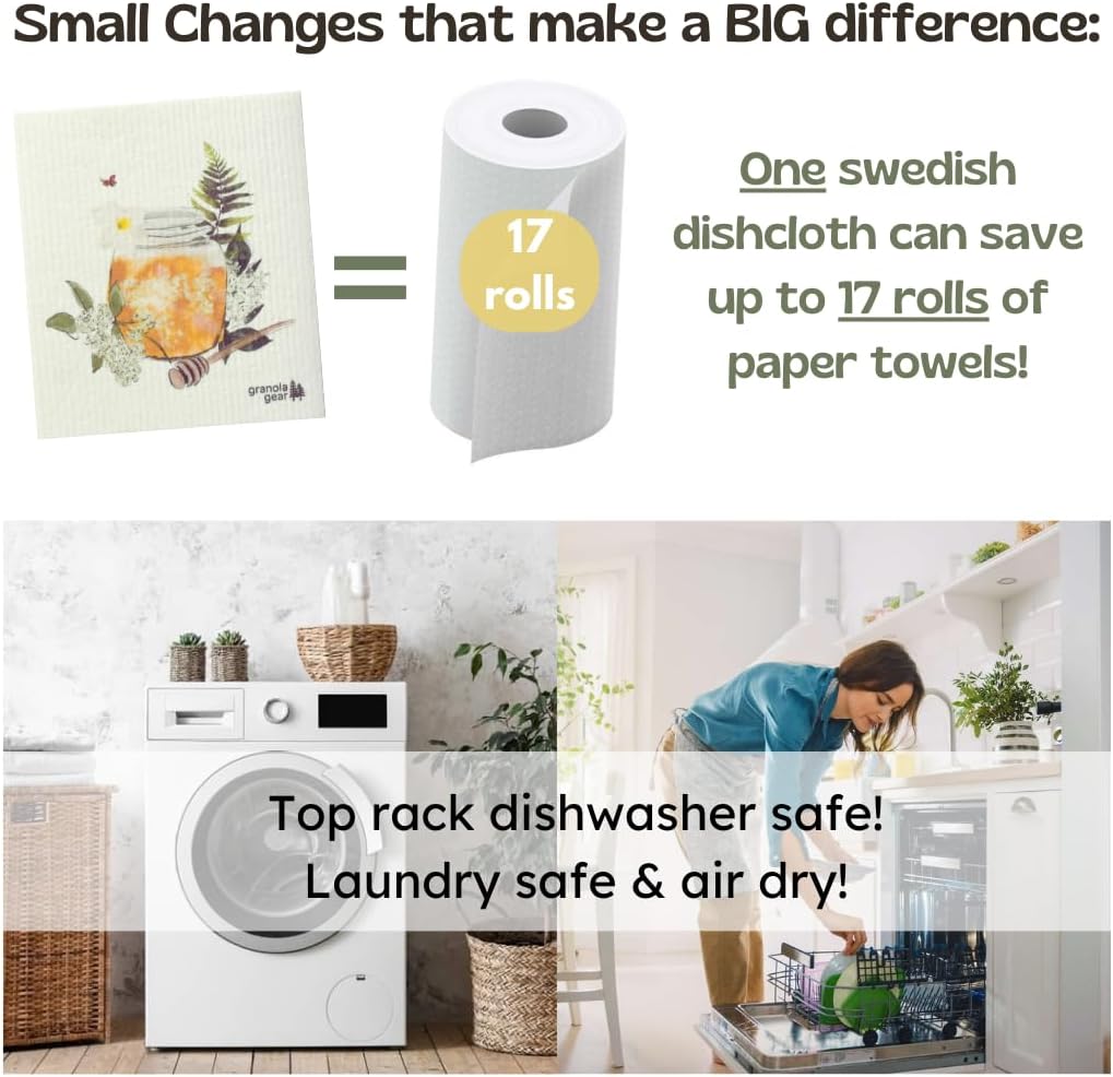 Paños de cocina suecos para cocina, paquete de 6 toallas de papel reutilizables, ecológicas, compostables, biodegradables, esponjas lavables,