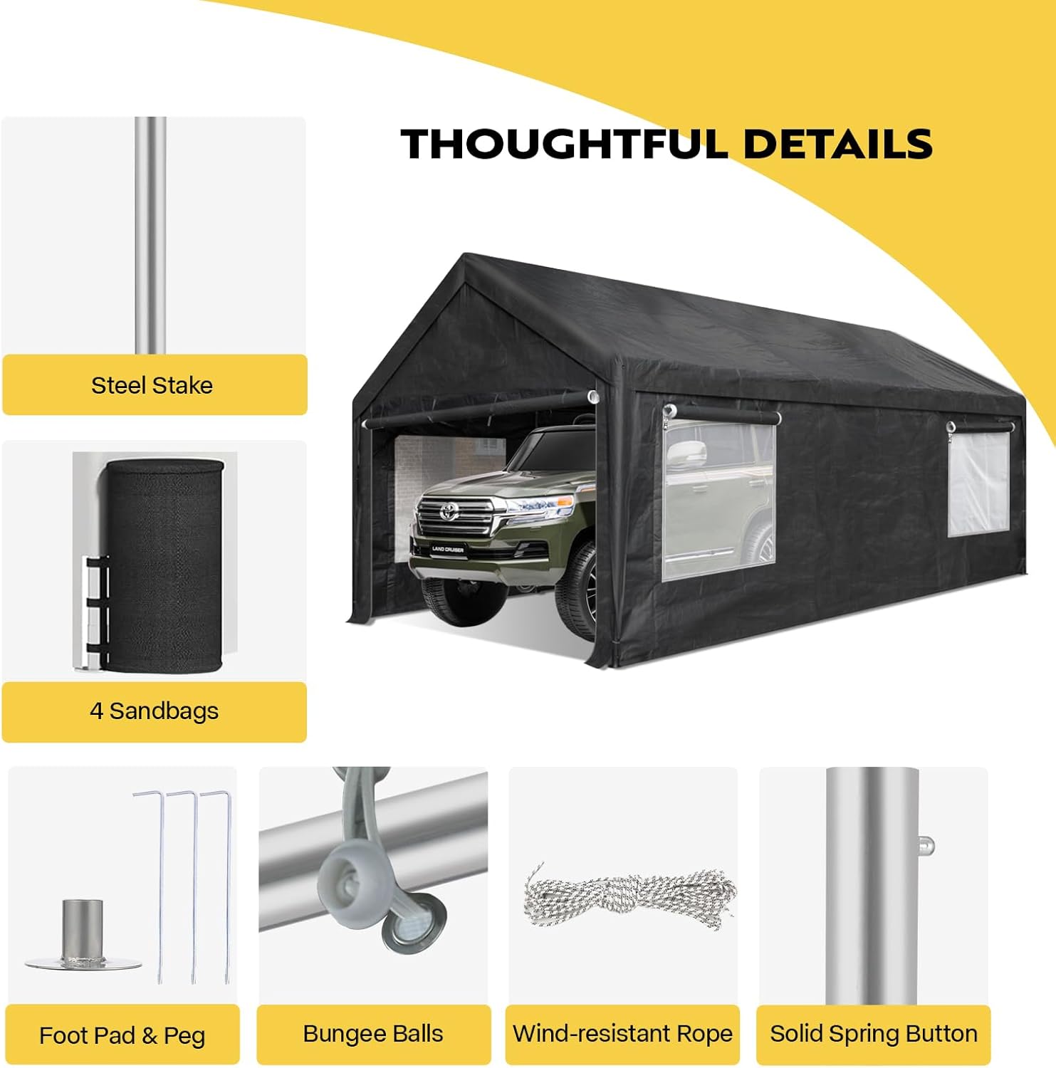 VIVOHOME Cochera de 10 x 20 pies, garaje portátil resistente con 4 ventanas ventiladas enrollables, puerta con cremallera y paredes laterales