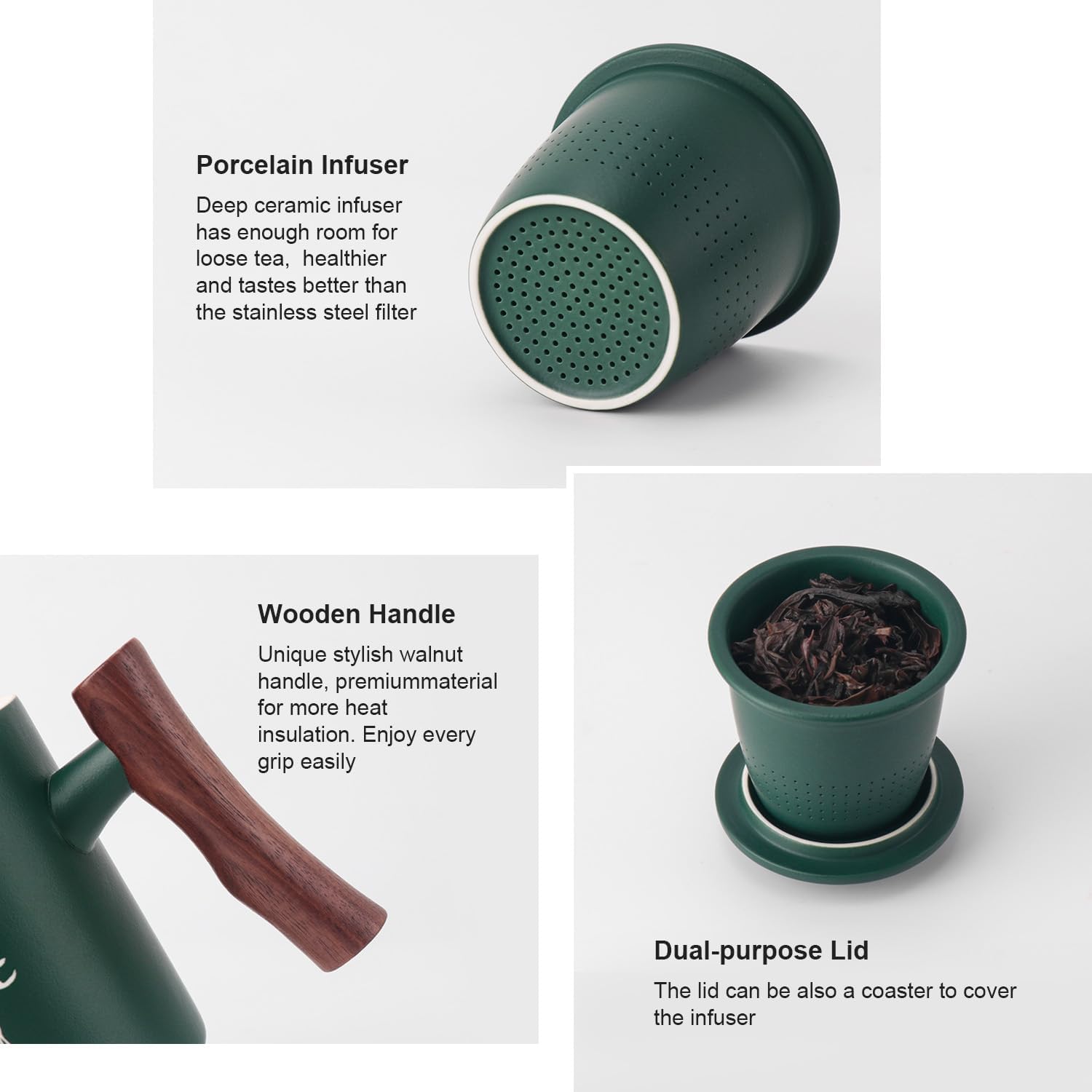 Breleidy Taza de té de cerámica con infusor y tapa, taza de café con mango de madera con colador para remojar hojas sueltas, regalo ideal para los