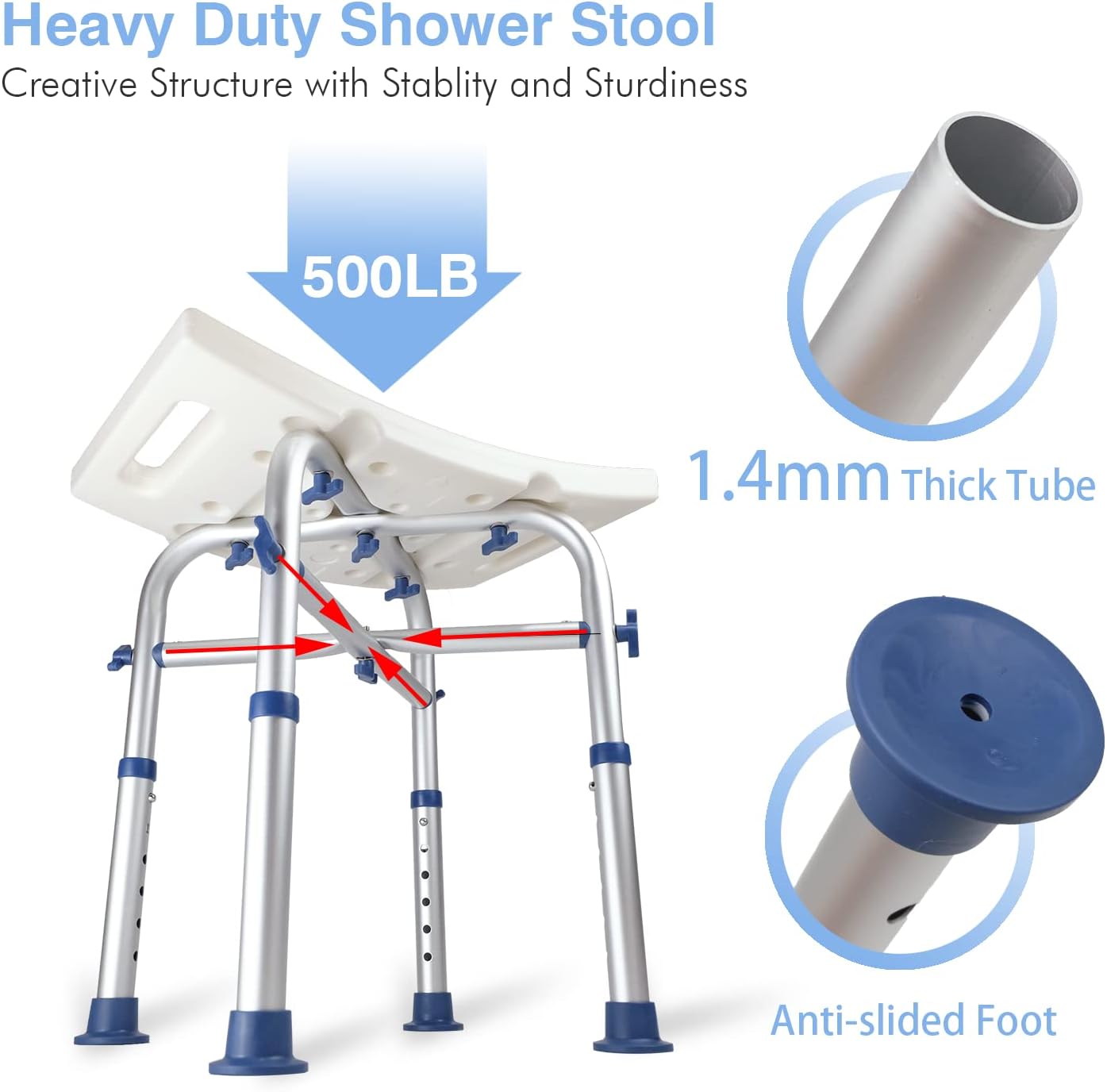 LandTale Taburete de ducha resistente de 500 libras, montaje sin herramientas, antideslizante, silla de baño de altura ajustable, bolsa de ducha