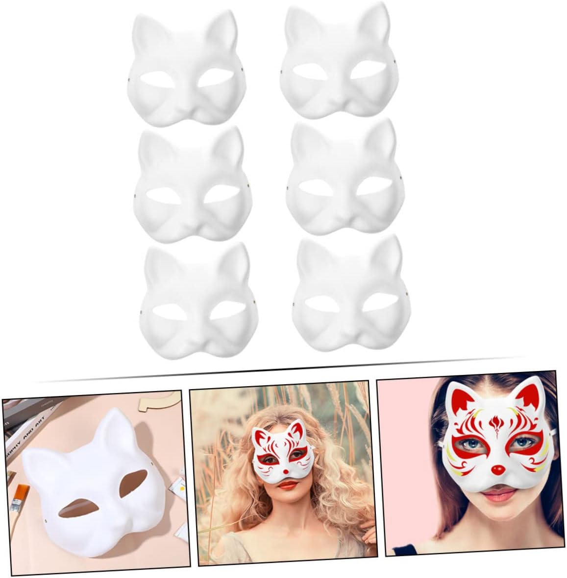 6 máscaras faciales de gato de Halloween, máscara blanca de pintura a mano, máscara de bricolaje para fiesta de cosplay, máscara de Halloween,