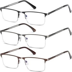 LOUOL READERS Gafas de lectura con bloqueo de luz azul, lectores de metal de medio marco con bisagra de resorte, paquete de 3 LOUOL READERS Gafas de lectura con bloqueo de luz azul, lectores de metal de medio marco con bisagra de resorte, paquete de 3