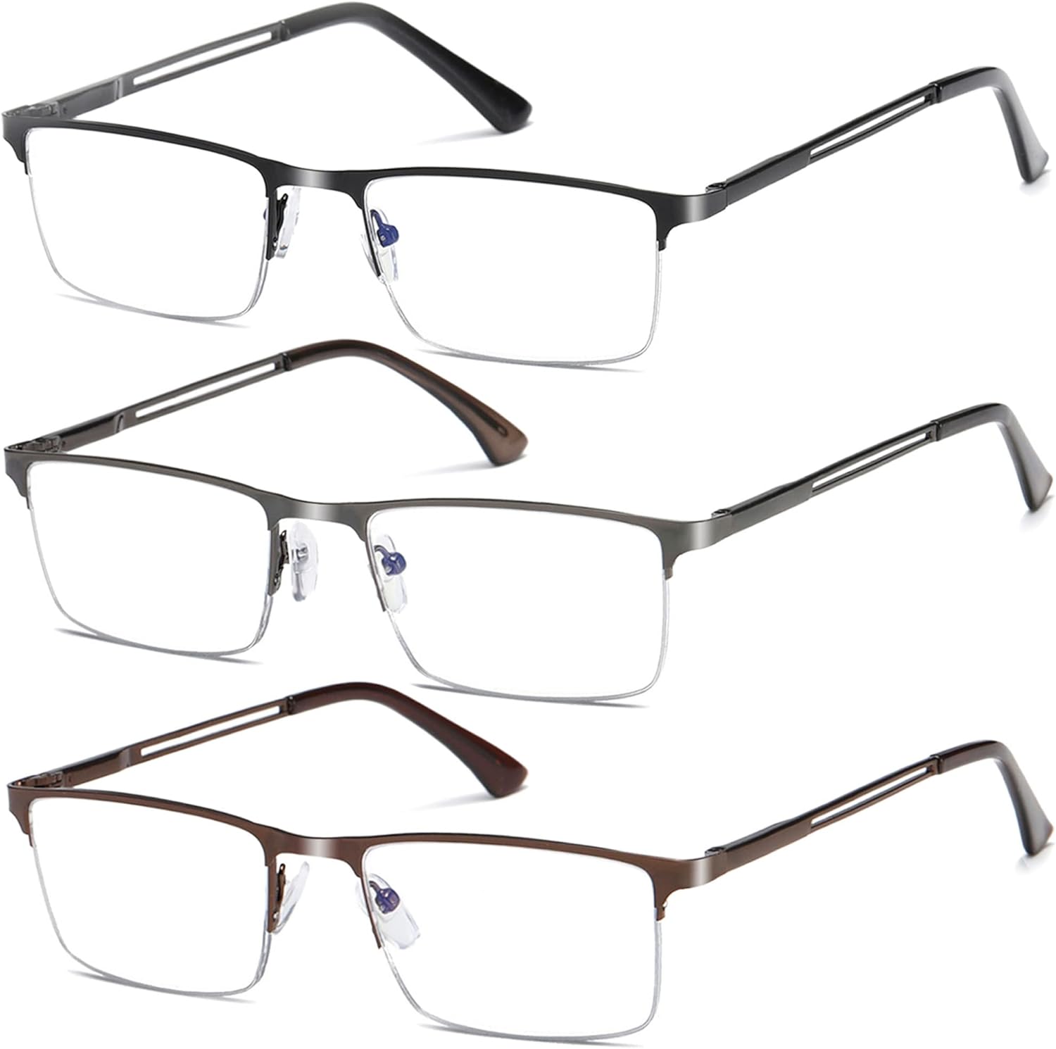 LOUOL READERS Gafas de lectura con bloqueo de luz azul, lectores de metal de medio marco con bisagra de resorte, paquete de 3
