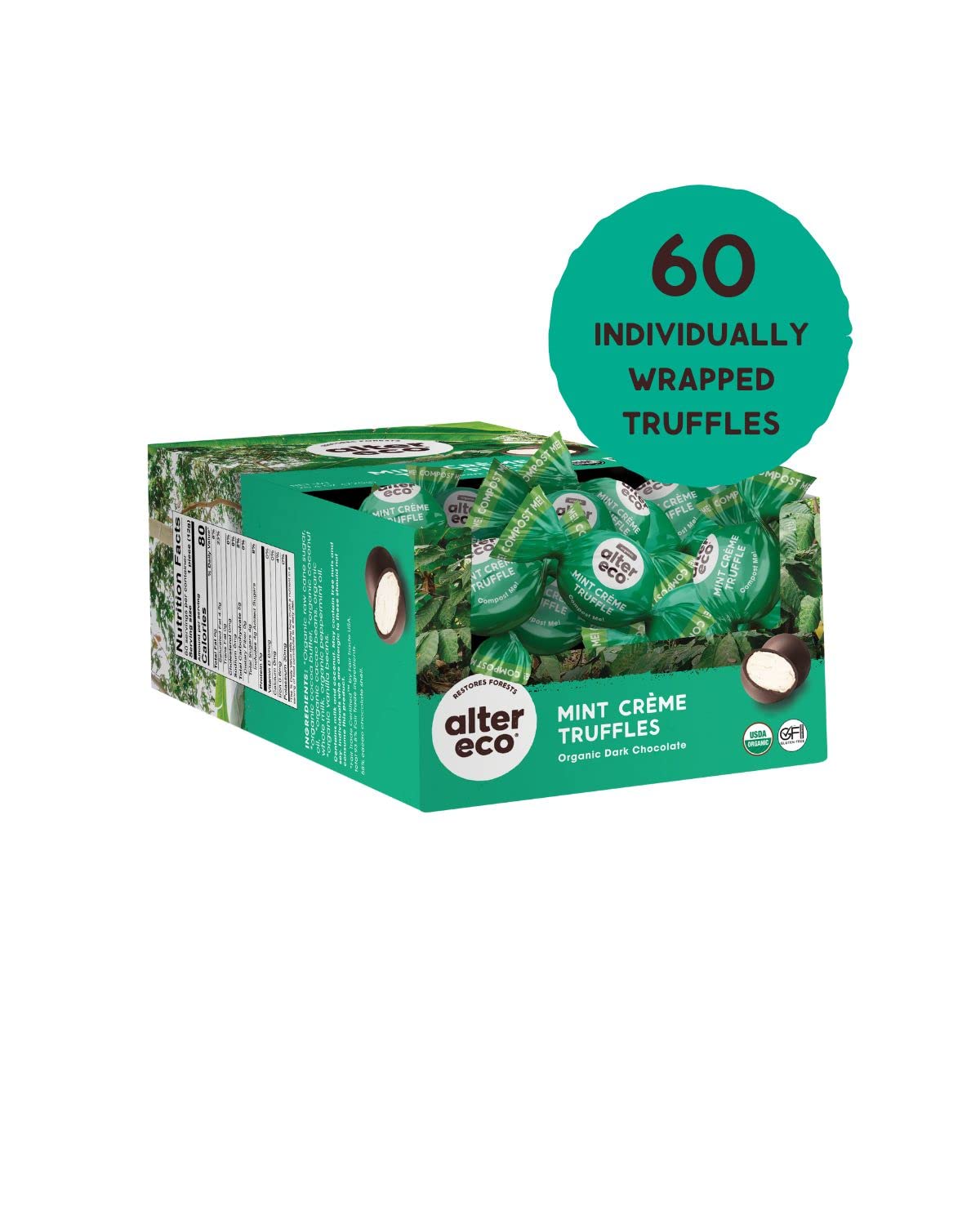 Alter Eco  Trufas de crema de menta  58% cacao oscuro puro, comercio justo, orgánico, sin OMG, trufas de chocolate negro sin gluten  60 trufas