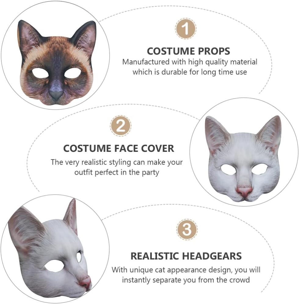 Abaodam 2 máscaras realistas de gatos, animales de media cara, de atigrado, suministros para fiesta de disfraces de Halloween (marrón, blanco)