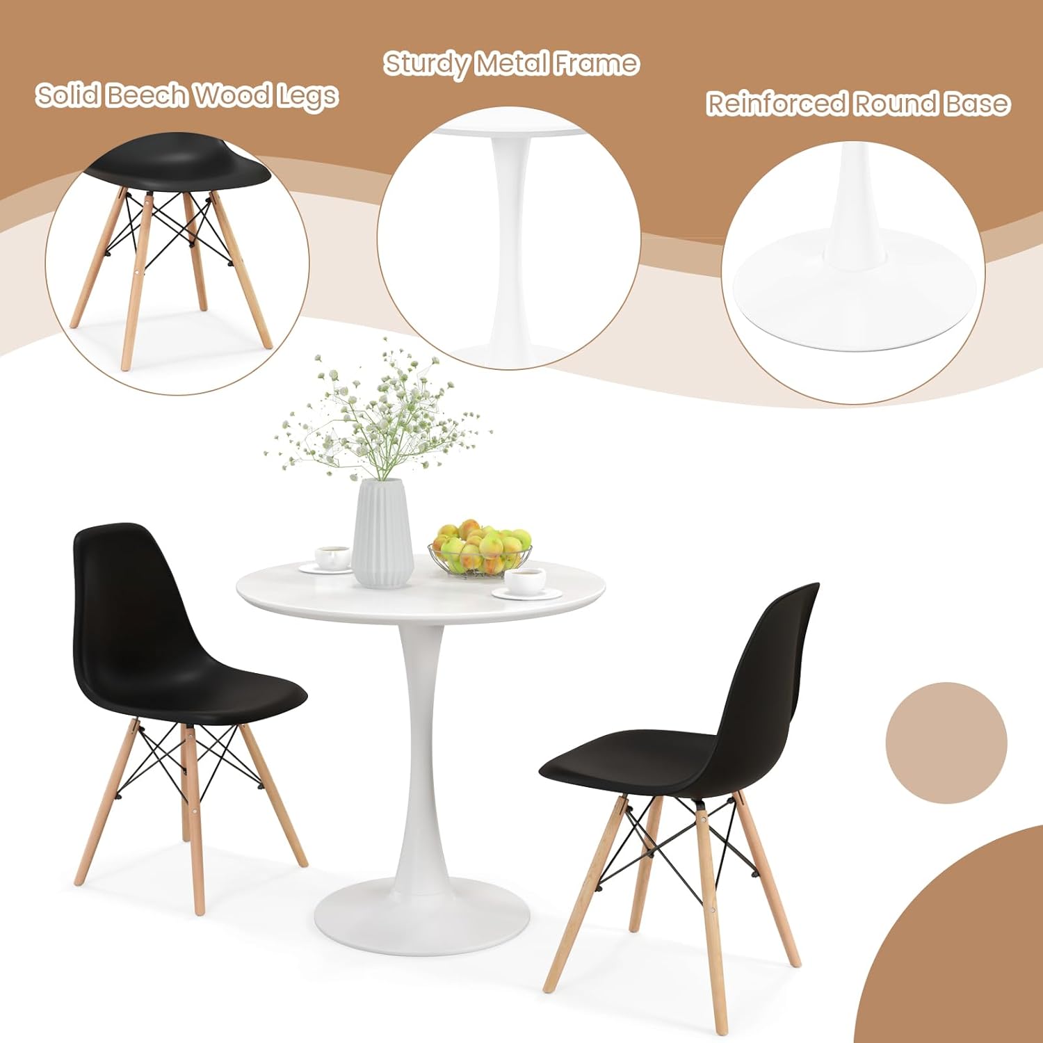 Giantex Juego de mesa de comedor de 3 piezas para 2, juego de mesa de comedor de cocina compacto con mesa redonda de 32 pulgadas y sillas DSW, juego