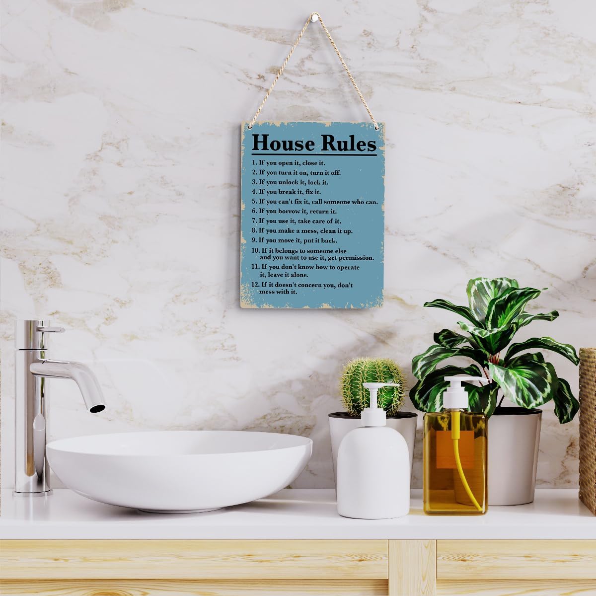 Letrero colgante de madera con reglas de la casa, decoración del hogar, arte de pared para sala de estar, cita inspiradora para la familia, letreros