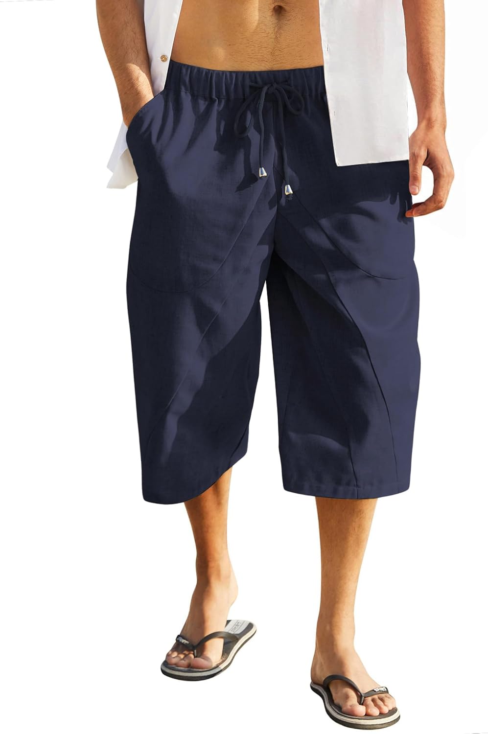 COOFANDY Pantalones capri harén de lino para hombre, casuales, ligeros, con cordón, pantalones de yoga, holgados, 34, pantalones de playa