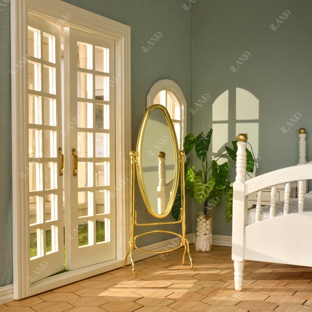 iLAND Muebles para casa de muñecas a escala 112, perchero para casa de muñecas y espejo de longitud completa (color dorado)