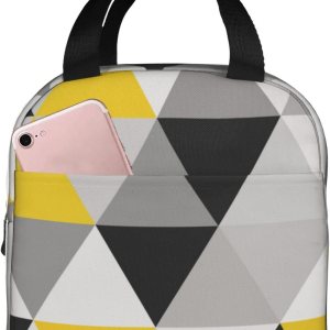 Bolsa de almuerzo reutilizable con aislamiento, triángulos geométricos blancos, amarillos y grises, caja de mano para preparación de comidas para Bolsa de almuerzo reutilizable con aislamiento, triángulos geométricos blancos, amarillos y grises, caja de mano para preparación de comidas para