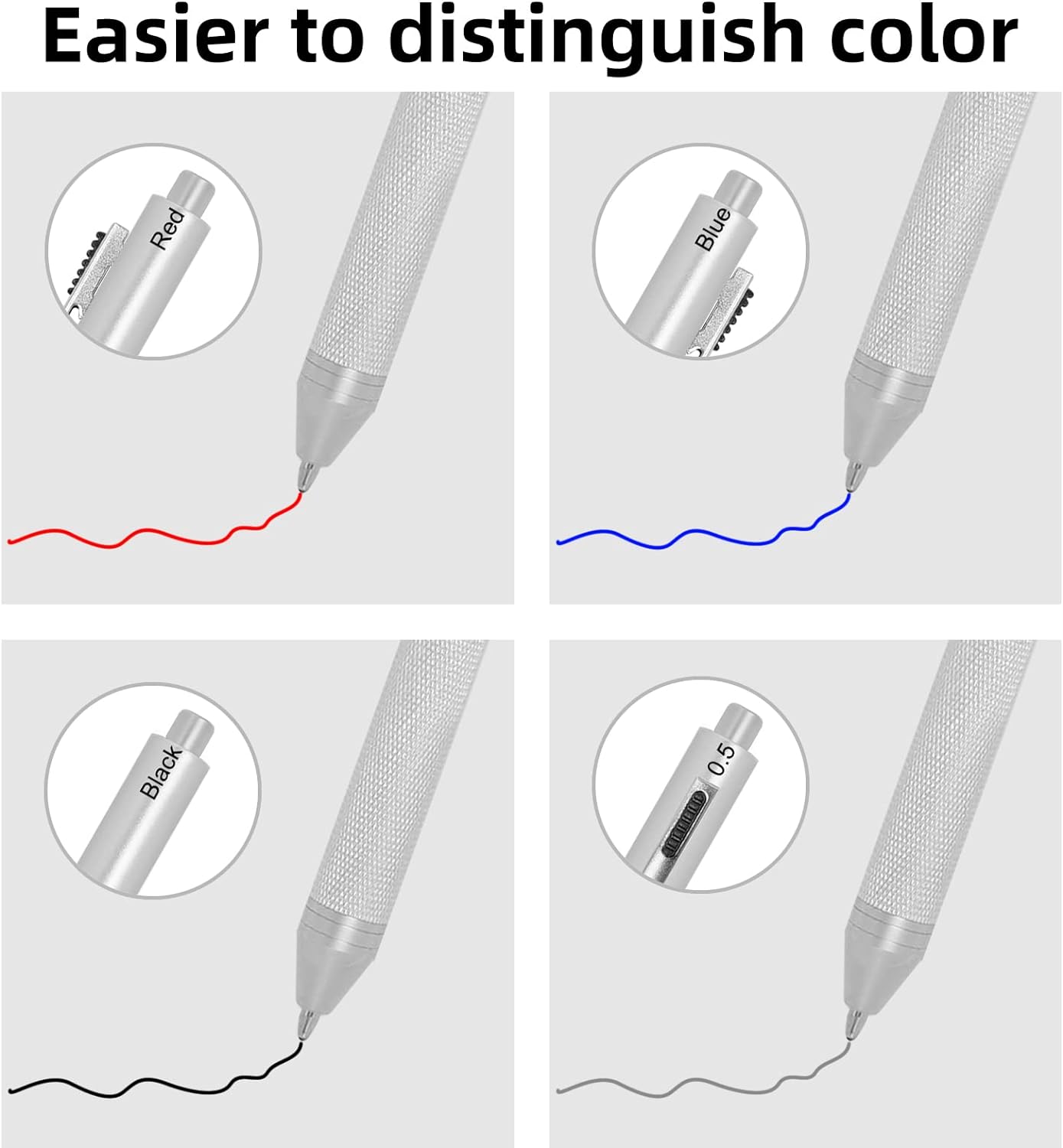 YOUMI Bolígrafo multicolor 4 en 1 multifunción con carcasa de metal, lápiz mecánico de 0.020 in, bolígrafo rojo, bolígrafo azul y bolígrafo negro,