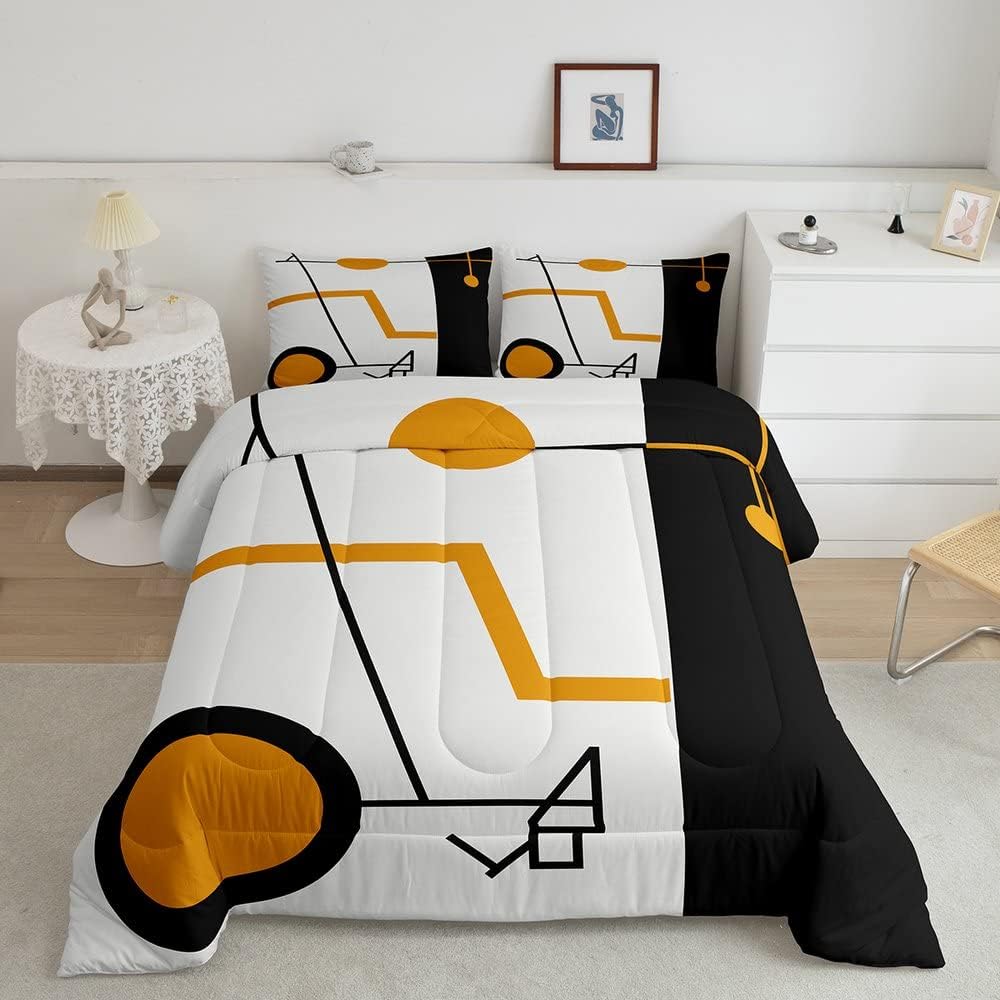 Juego de ropa de cama naranja, blanco y negro para niños y niñas, juego de edredón de rayas geométricas y remolinos circulares, edredón acolchado