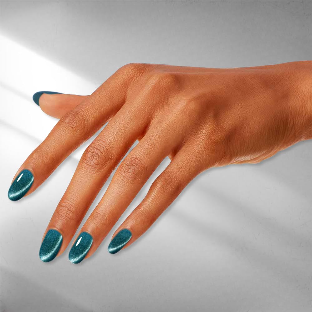 Xcrear – Uñas postizas a presión de ojo de gato, cortas ovaladas, uñas postizas con purpurina azul, uñas postizas de longitud corta, uñas acrílicas,