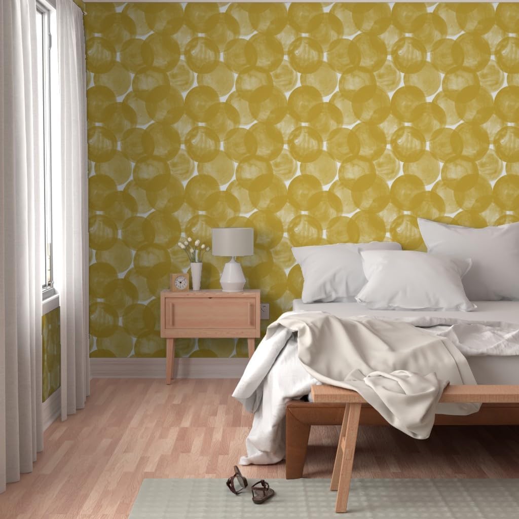 Spoonflower Peel & Stick Wallpaper Swatch – Watercolor Mustard Yellow Gold Polka Dots Geometric Bold Circles Round Custom Removable Wallpaper