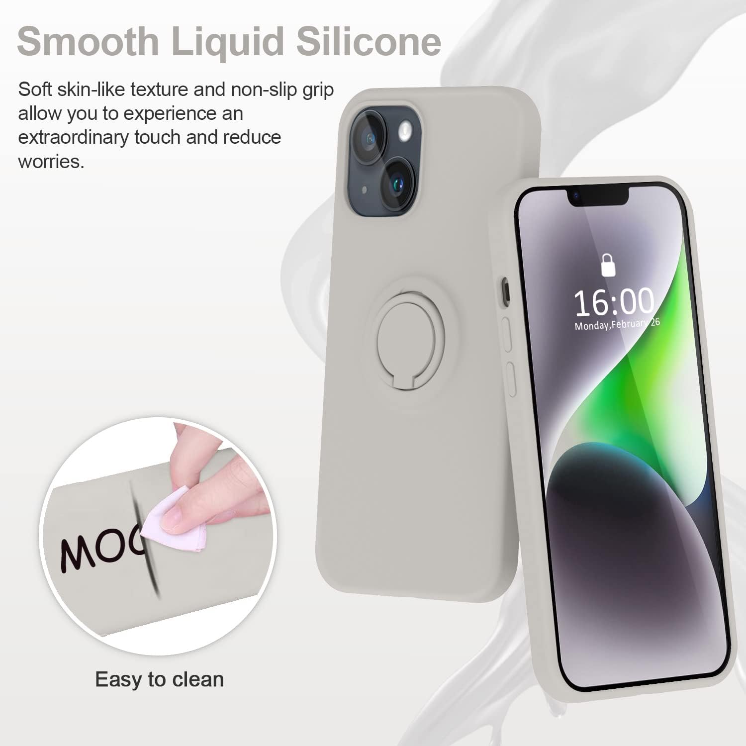 MOCCA Funda compatible con iPhone 14 Plus con soporte de anillo, silicona líquida, forro de microfibra, funda protectora antiarañazos de cuerpo