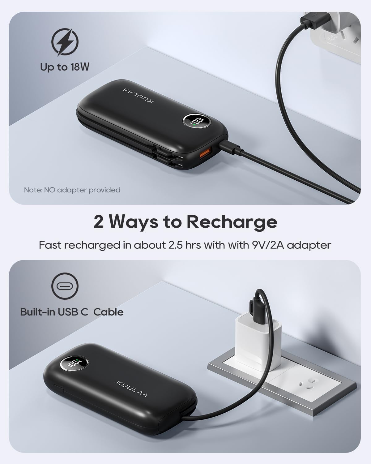 Kuulaa Cargador portátil con cables integrados 10000mAh USB C Power Bank de carga rápida pantalla LCD cargador portátil 3 salidas para iPhone Pixel