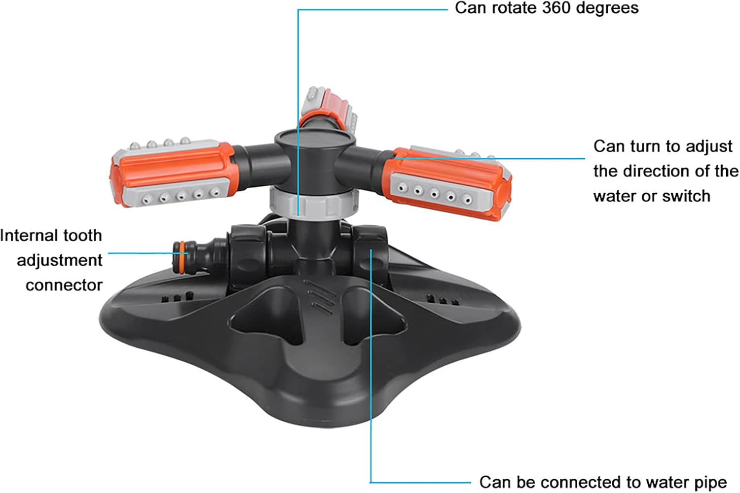 Fydun Sistema automático de riego giratorio de 360 grados con 3 brazos para jardín y patio, césped, herramienta automática de rotación de 360 grados