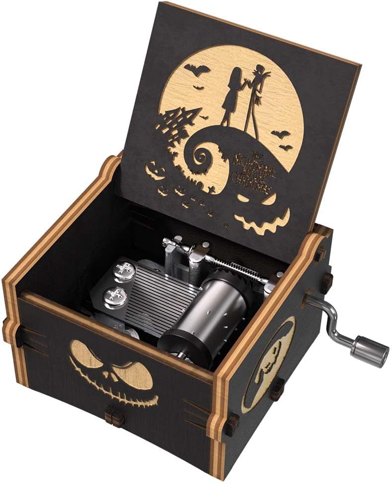 Ucuber Caja de música The Nightmare Before Christmas  Mini caja de música de madera grabada, melodía This is Halloween, decoración del hogar para
