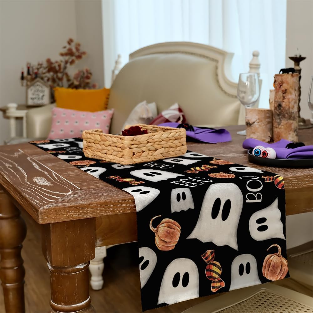 ARKENY Camino de mesa de Halloween de 13 x 36 pulgadas, calabaza espeluznante fantasma Candy Boo, arpillera de temporada para interiores, cocina,