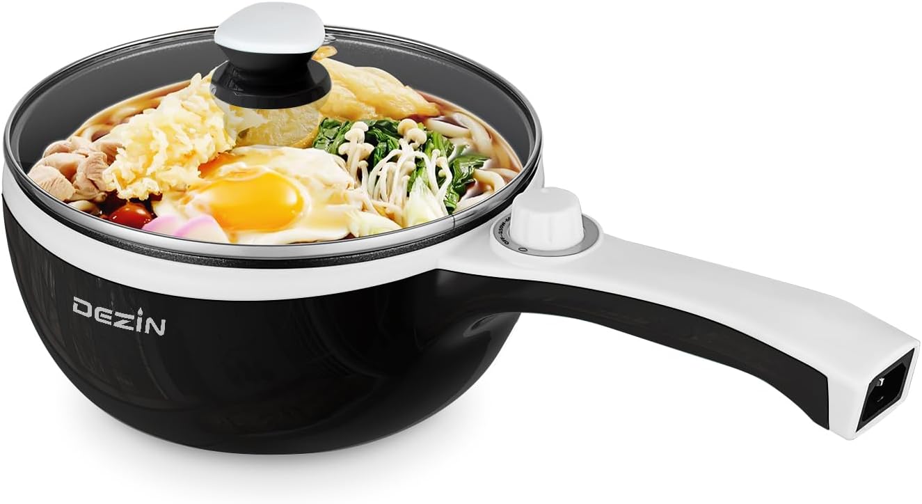 DEZIN Olla eléctrica mejorada, sartén antiadherente, olla eléctrica de fideos rápidos, mini olla caliente portátil de 1.5 litros para carne, huevo,
