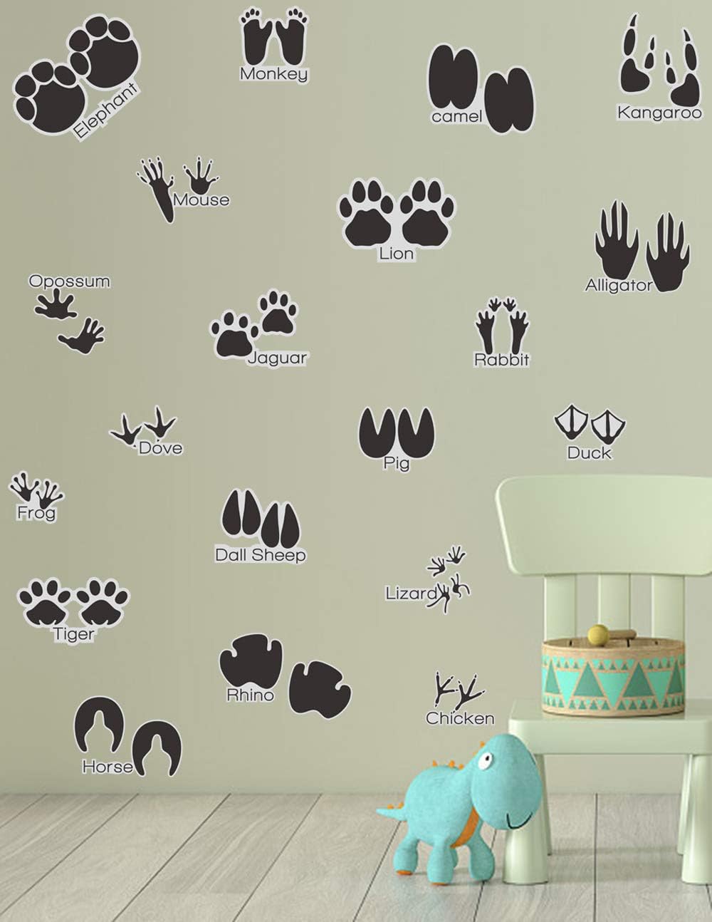 Calcomanías de pared de pistas de animales (20 unidades), calcomanías de pared de animales con pistas de animales, calcomanías de pared para sala de