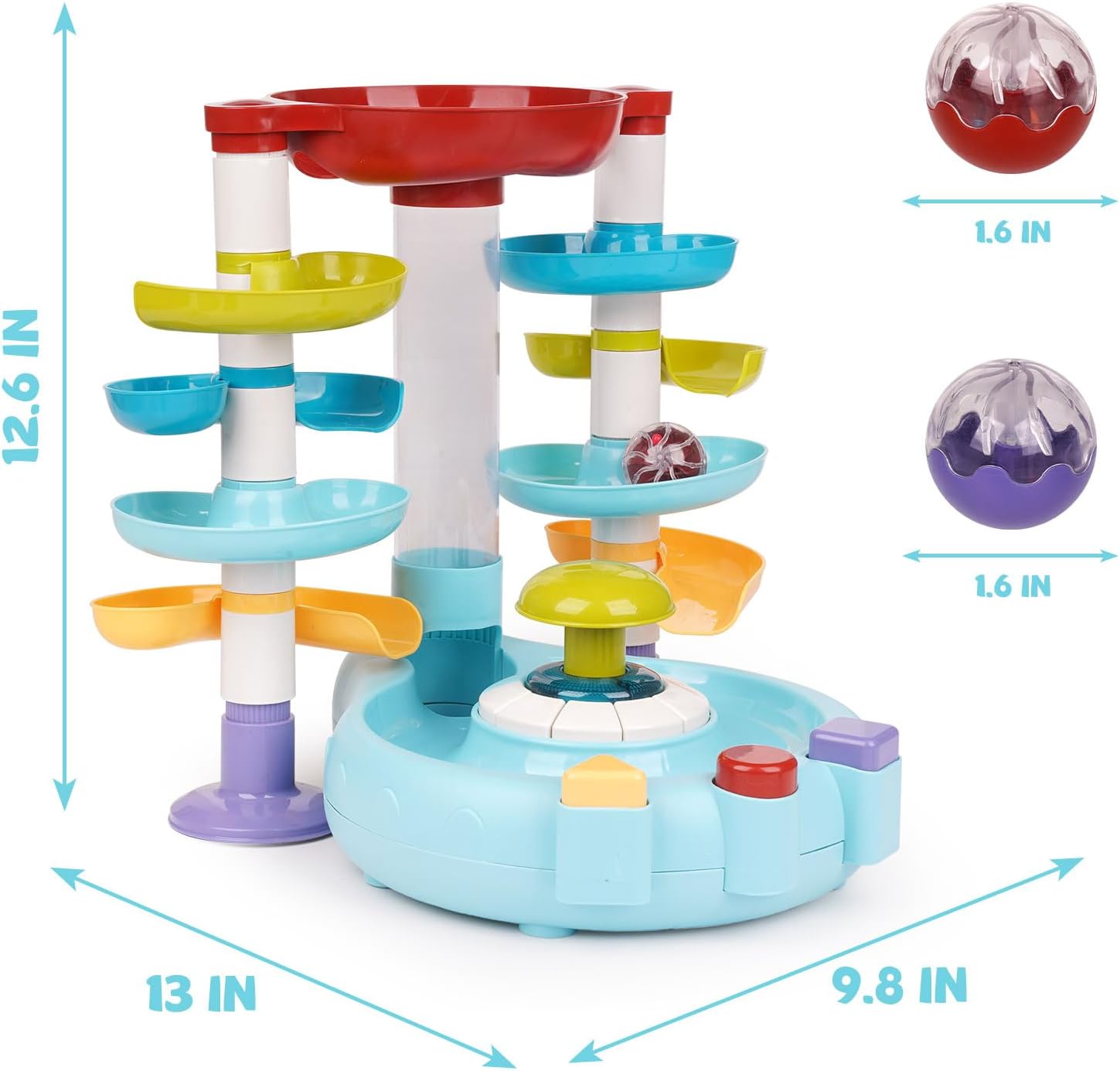 Torre giratoria de bola de 4 capas para bebés y niños pequeños, juguete de bola ocupada con iluminación musical, rampa de carreras de bolas para el