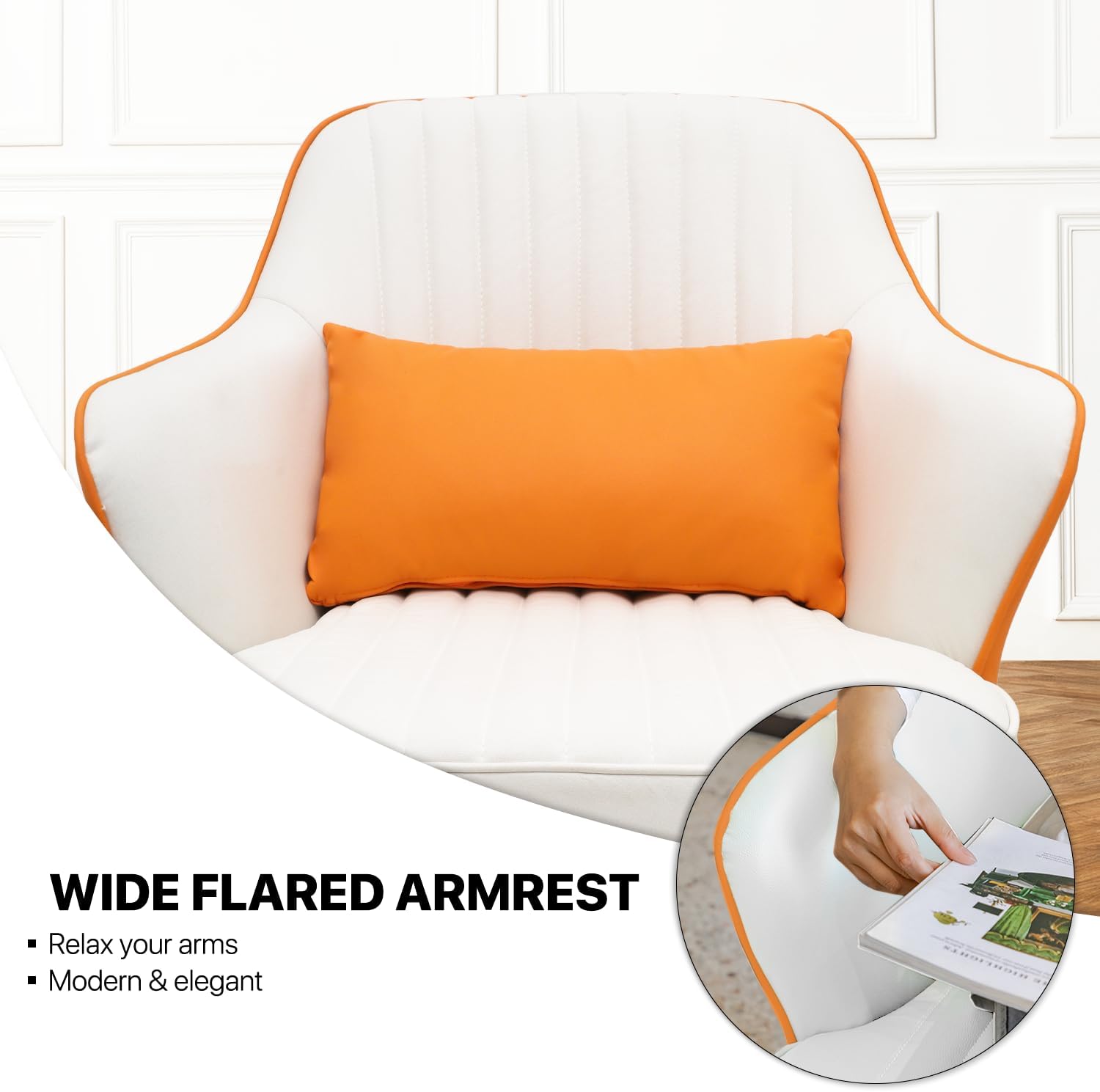 MoNiBloom Mid-Century – Silla moderna y cómoda con brazo para dormitorio y sala de estar, silla tapizada de cuero blanconaranja con almohada lumbar