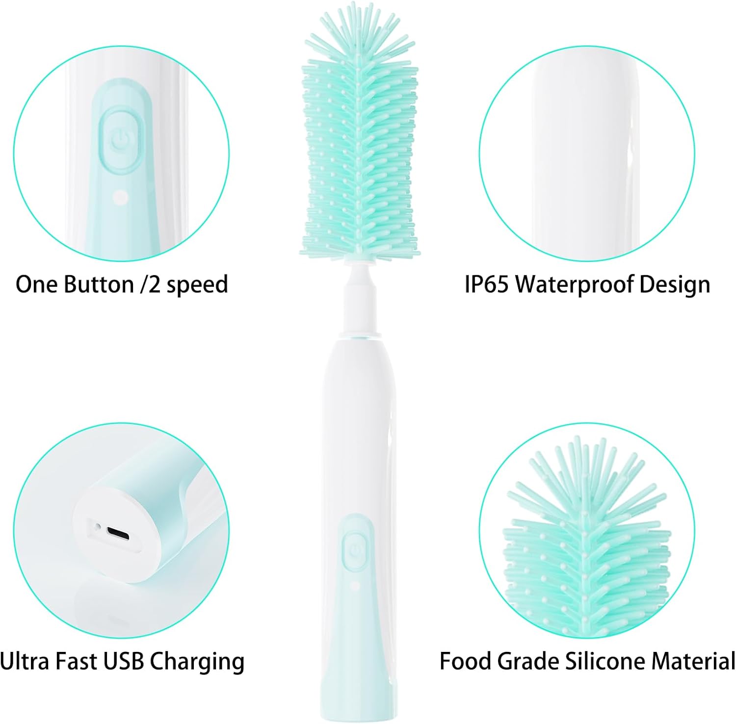 VSTM Juego de cepillos eléctricos para biberones de viaje, limpiador eléctrico de botellas, cepillo de silicona para botellas de agua, cepillo para